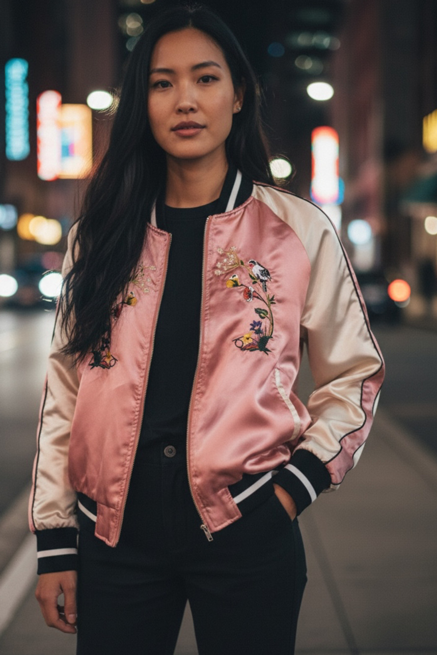 Cali 1850 Satin Embroidered Floral Bird Bomber Jacket Pink Size XL